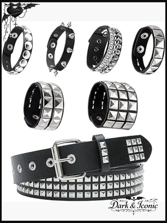 Studded Belt & Bracelet Set - Punk Goth Rivet Spike Chain Y2K Emo Grunge main image 6